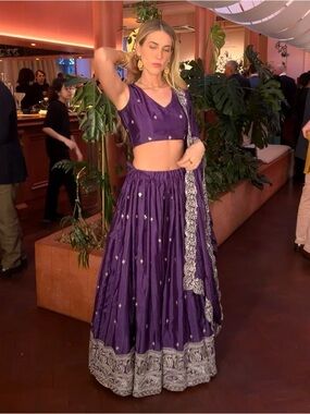 Hand-Embroidered Purple Maxi Skirt with Matching Crop Top - Women